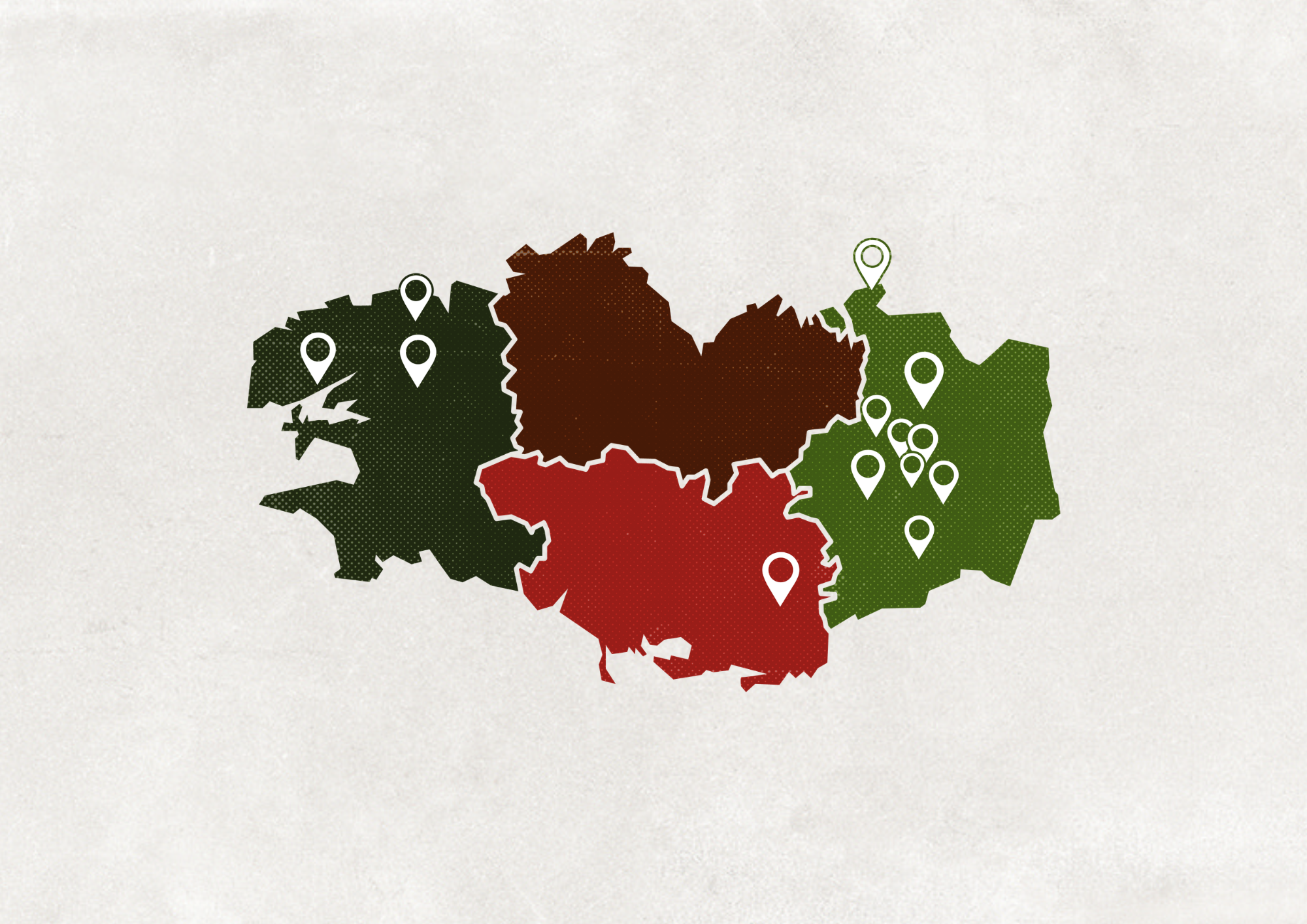 Carte de la Bretagne séparée par département en couleurs, avec les pictogrammes de localisation de certains prestataires.